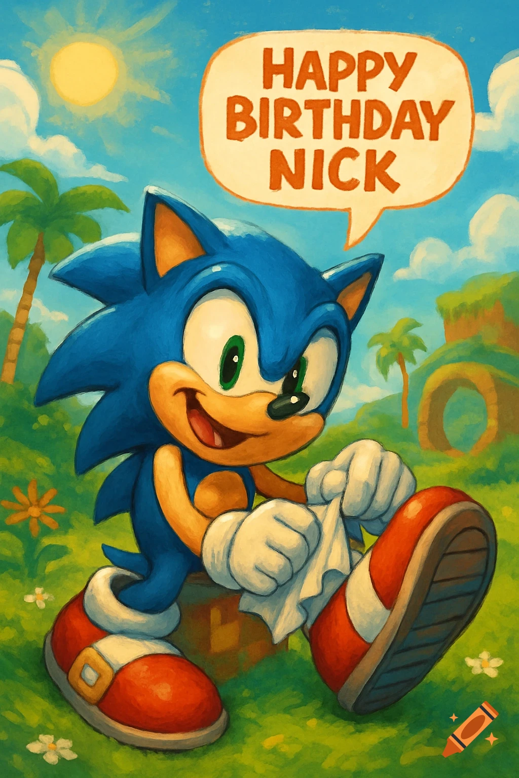 Sonic the Hedgehog, in a painterly style, holding a cloth and saying 'Happy Birthday Nick' in a speech bubble in a sunny, green landscape.
