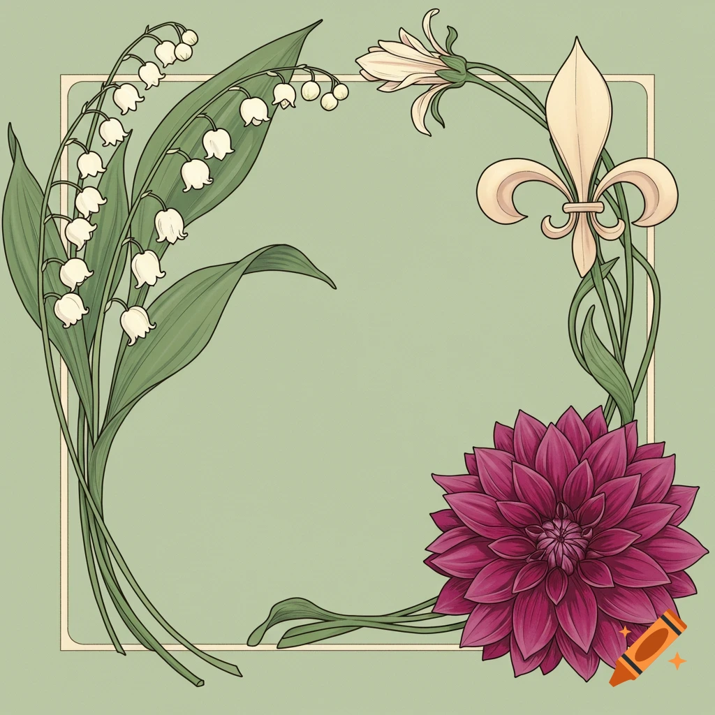 Art Nouveau style illustration of a lily of the valley, fleur de lis, and dahlia framing a light green background.