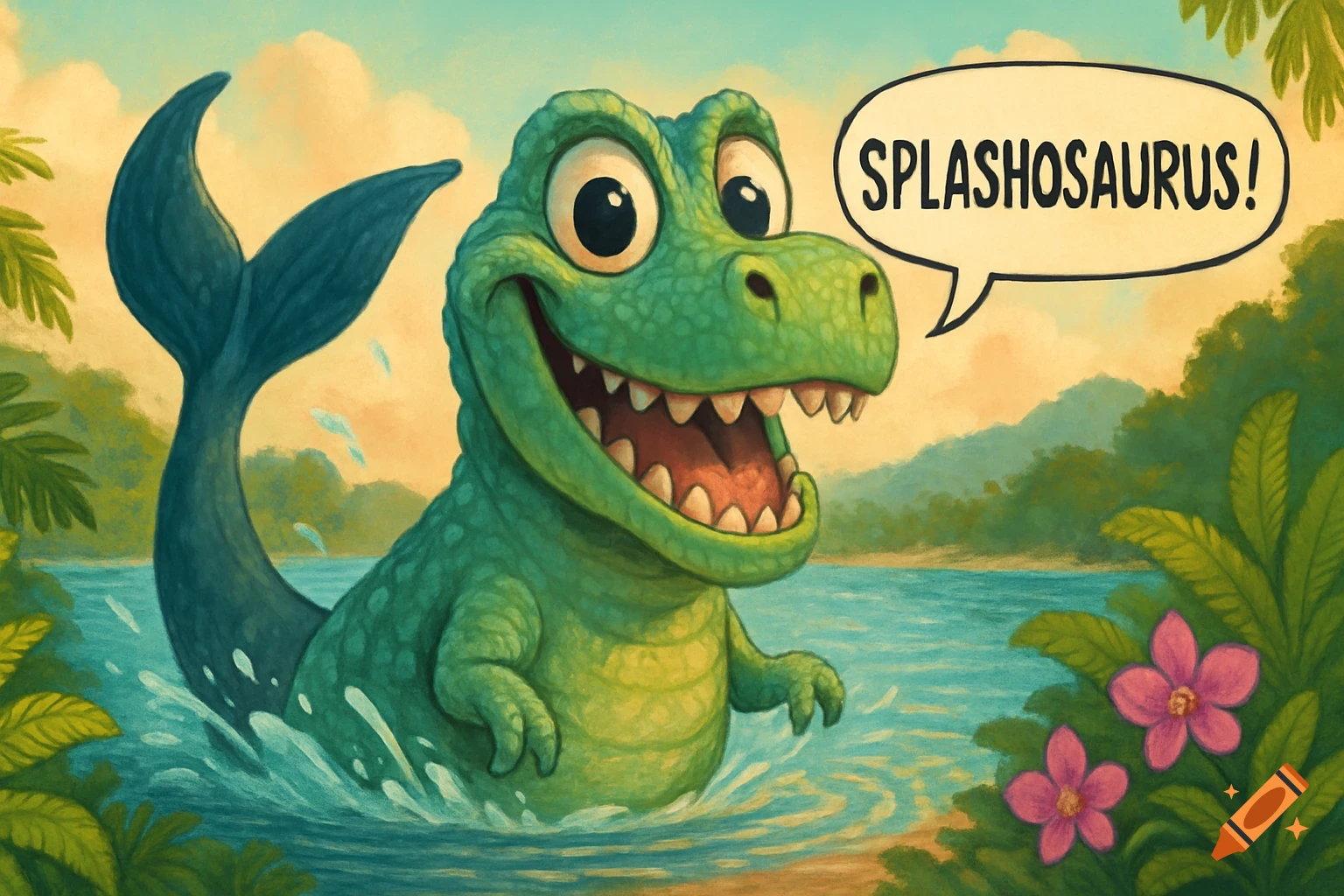 A happy green cartoon dinosaur with a whale tail splashes in a river, saying "SPLASHOSAURUS!" in a speech bubble.