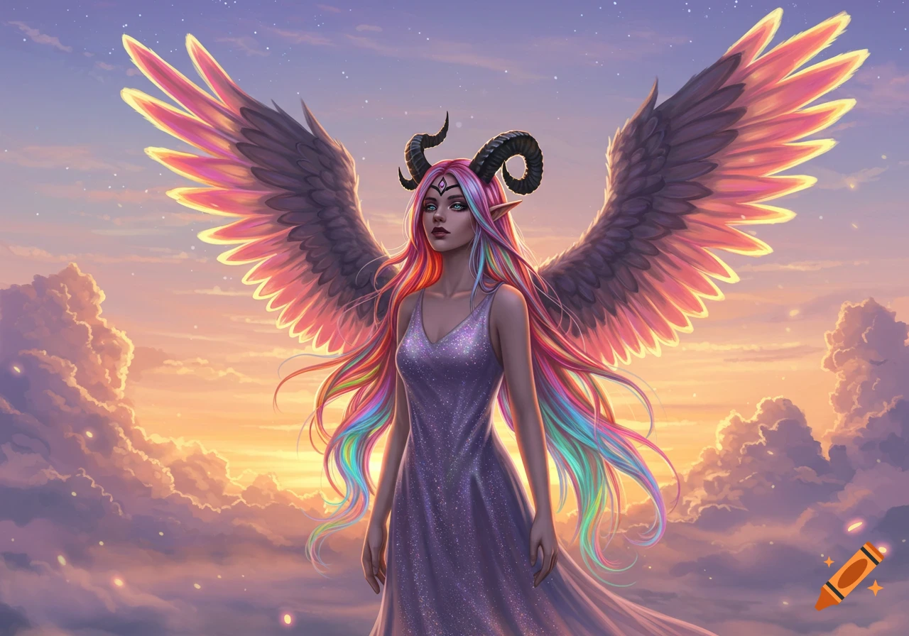 A fantasy woman with long rainbow hair, black horns, elf-like ears, and large feathered wings stands against a vibrant sunset sky.