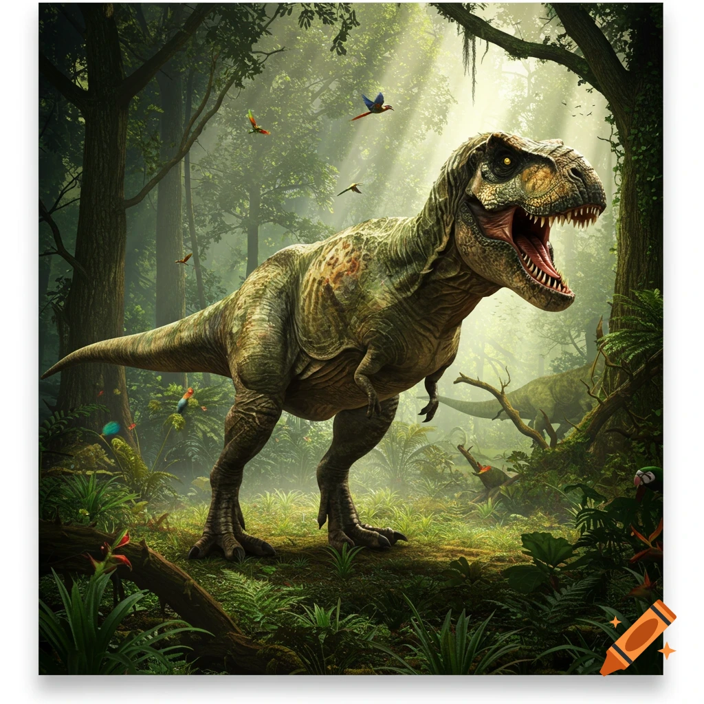 A majestic Tyrannosaurus Rex stands roaring in a lush, sun-dappled prehistoric jungle.