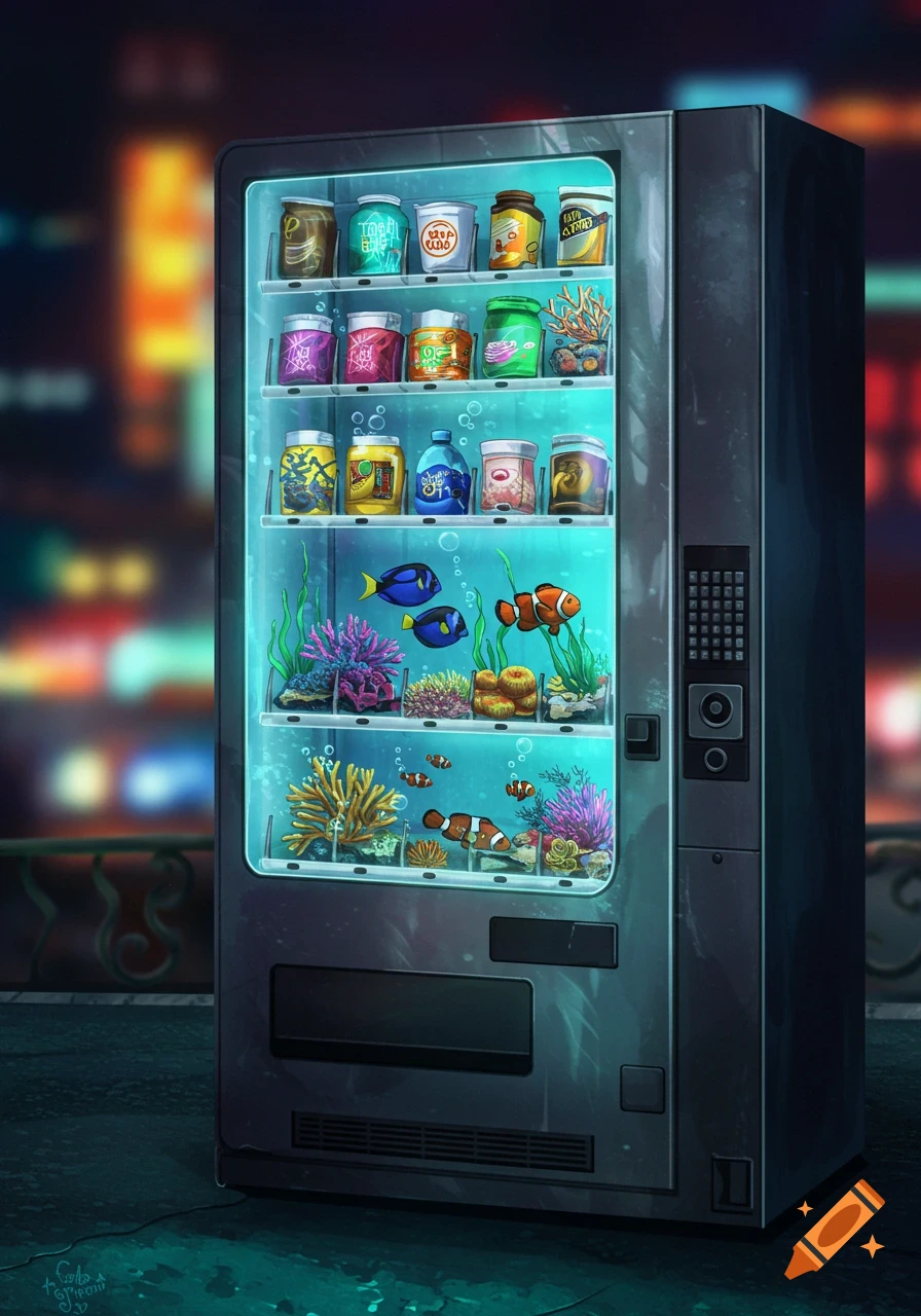 A black vending machine with lower shelves displaying aquariums with colorful fish and coral, and upper shelves containing various product jars, against a blurry city night background.
