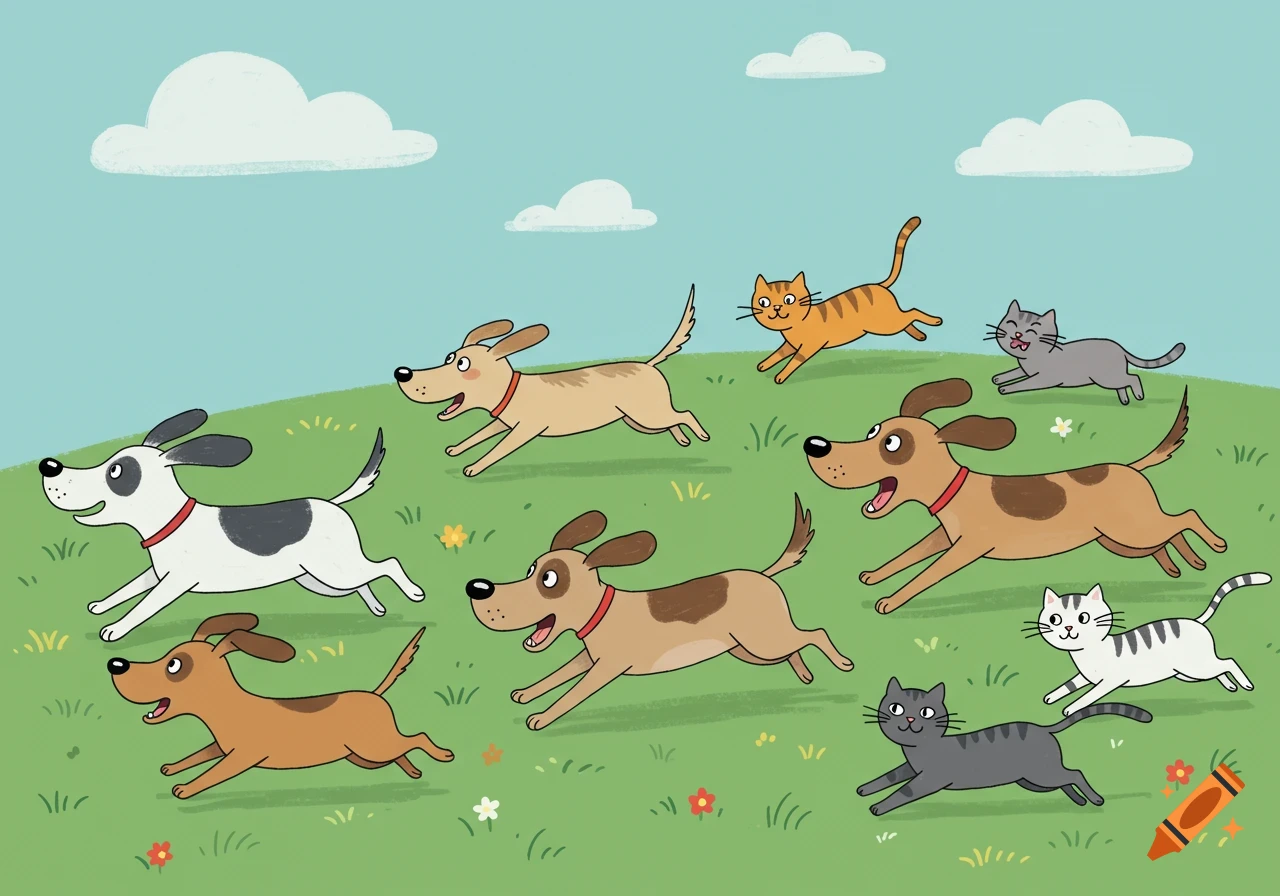 Five cartoon dogs chase six cartoon cats across a green grassy hill under a blue sky, in a children's book illustration.