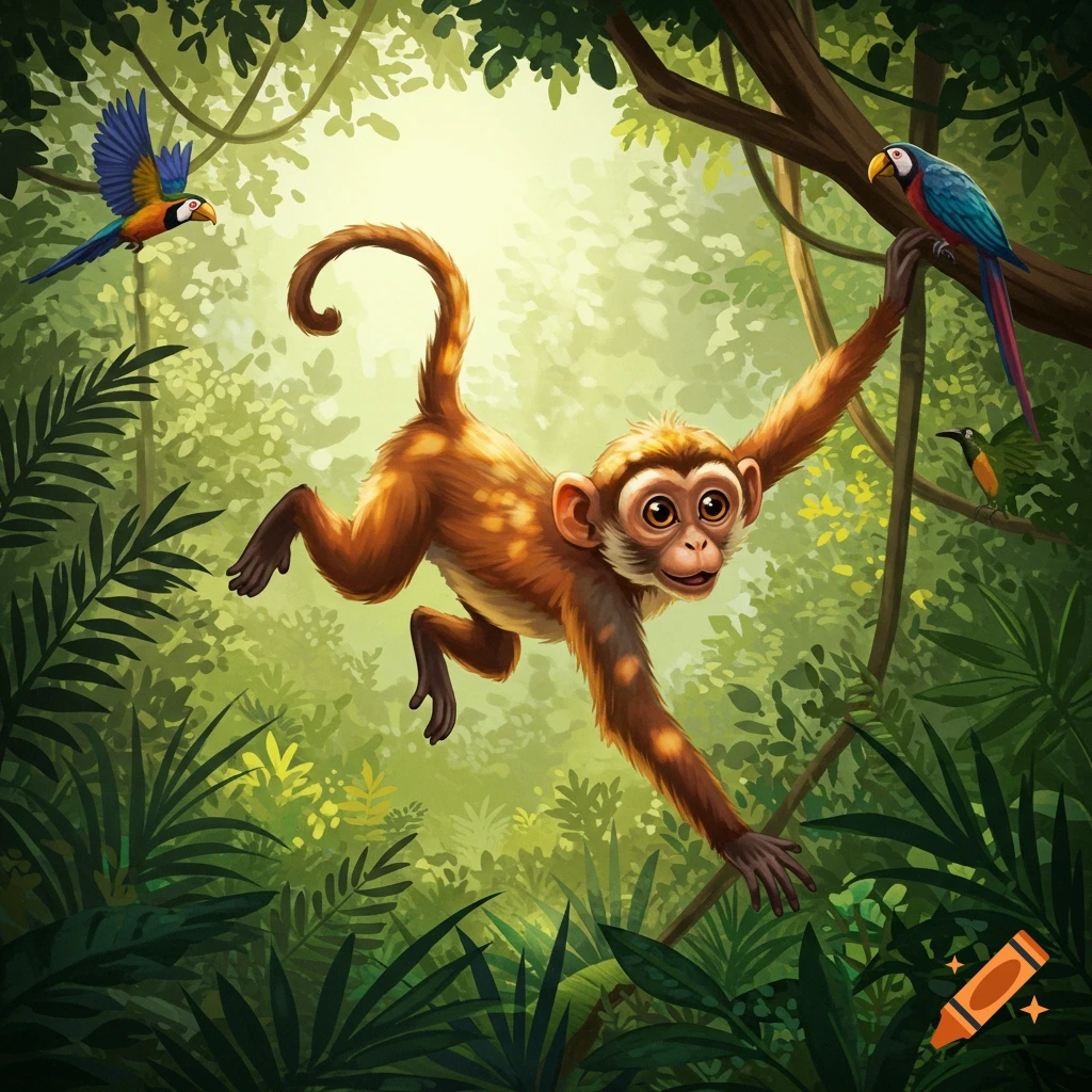 A cute cartoon monkey swings through a vibrant green jungle with two colorful parrots, in an illustrative style.