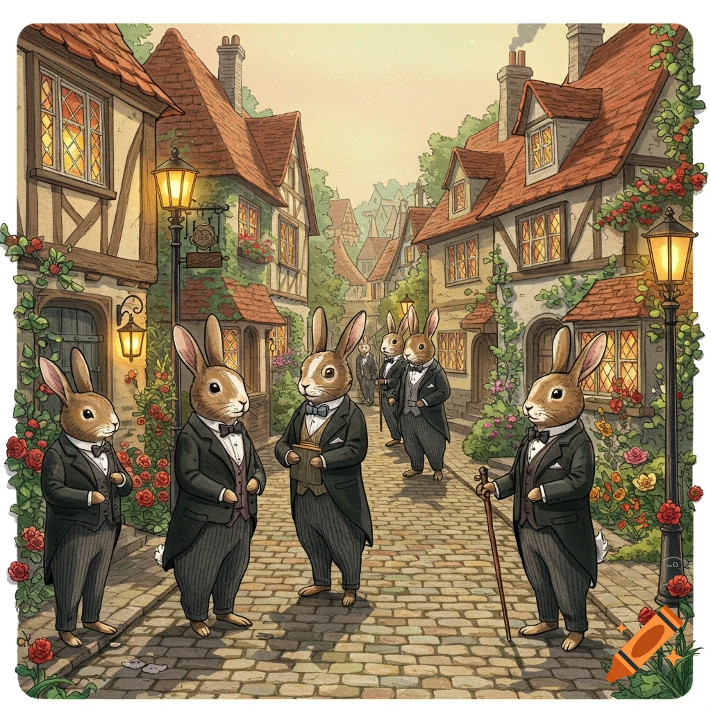 Dapper anthropomorphic rabbits in black suits and bow ties stand on a cobblestone street in a charming, illustrated village.