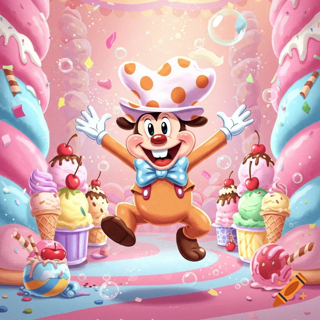 A cheerful cartoon character with a polka-dotted hat jumps with arms outstretched in a vibrant candy land with ice cream and lollipops.