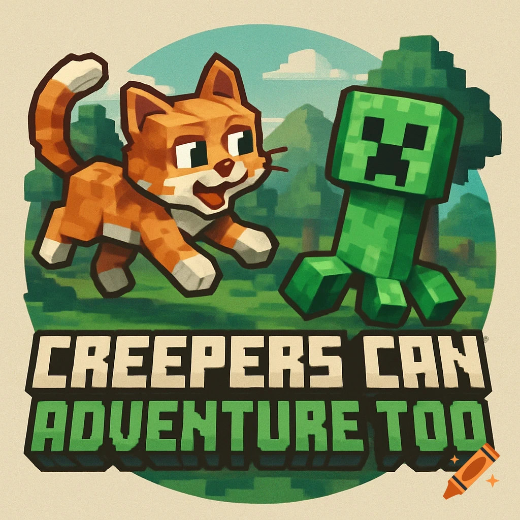 A blocky orange cat chases a green Minecraft Creeper above the text 'CREEPERS CAN ADVENTURE TOO' in a stylized landscape.