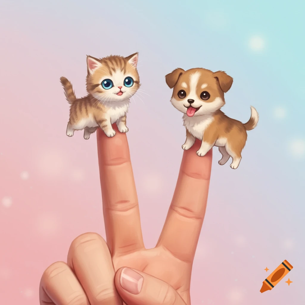 A cute cartoon kitten and puppy balancing on a person's two fingers against a soft pink and blue gradient background.
