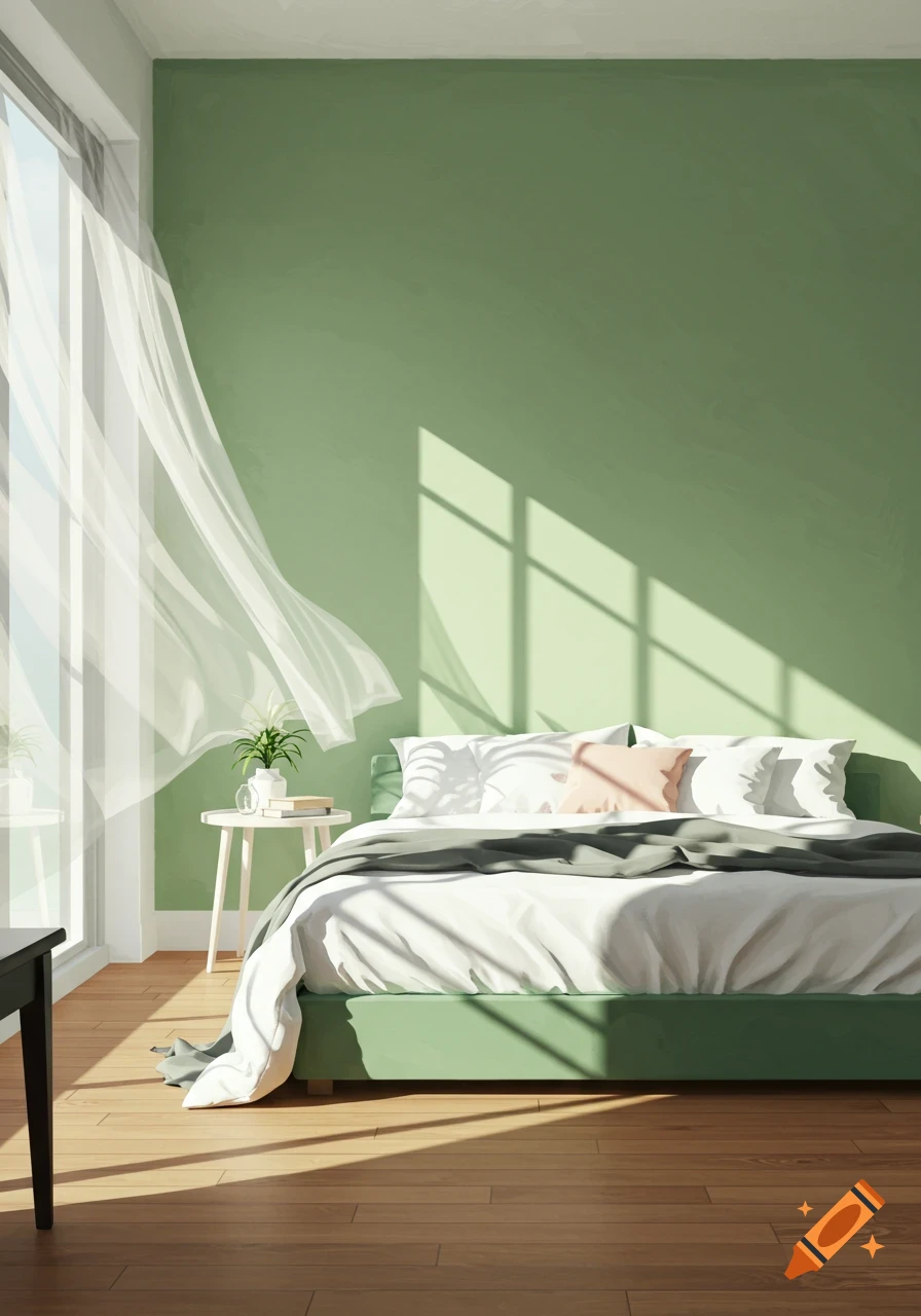A brightly lit bedroom with pale green walls, a bed with white bedding, and sheer curtains blowing from a sunlit window, casting shadows.