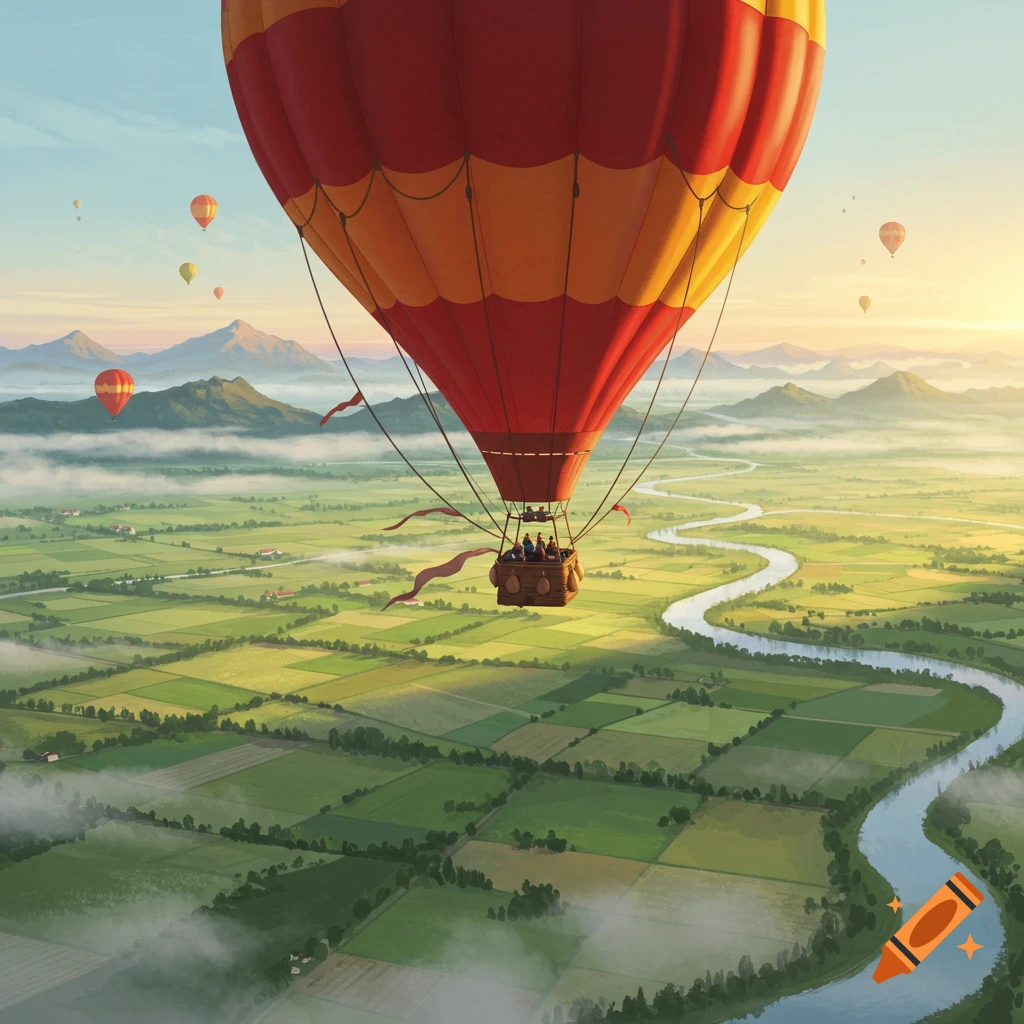 Large red and yellow hot air balloon flies over a green valley with a winding river and mountains at sunrise.