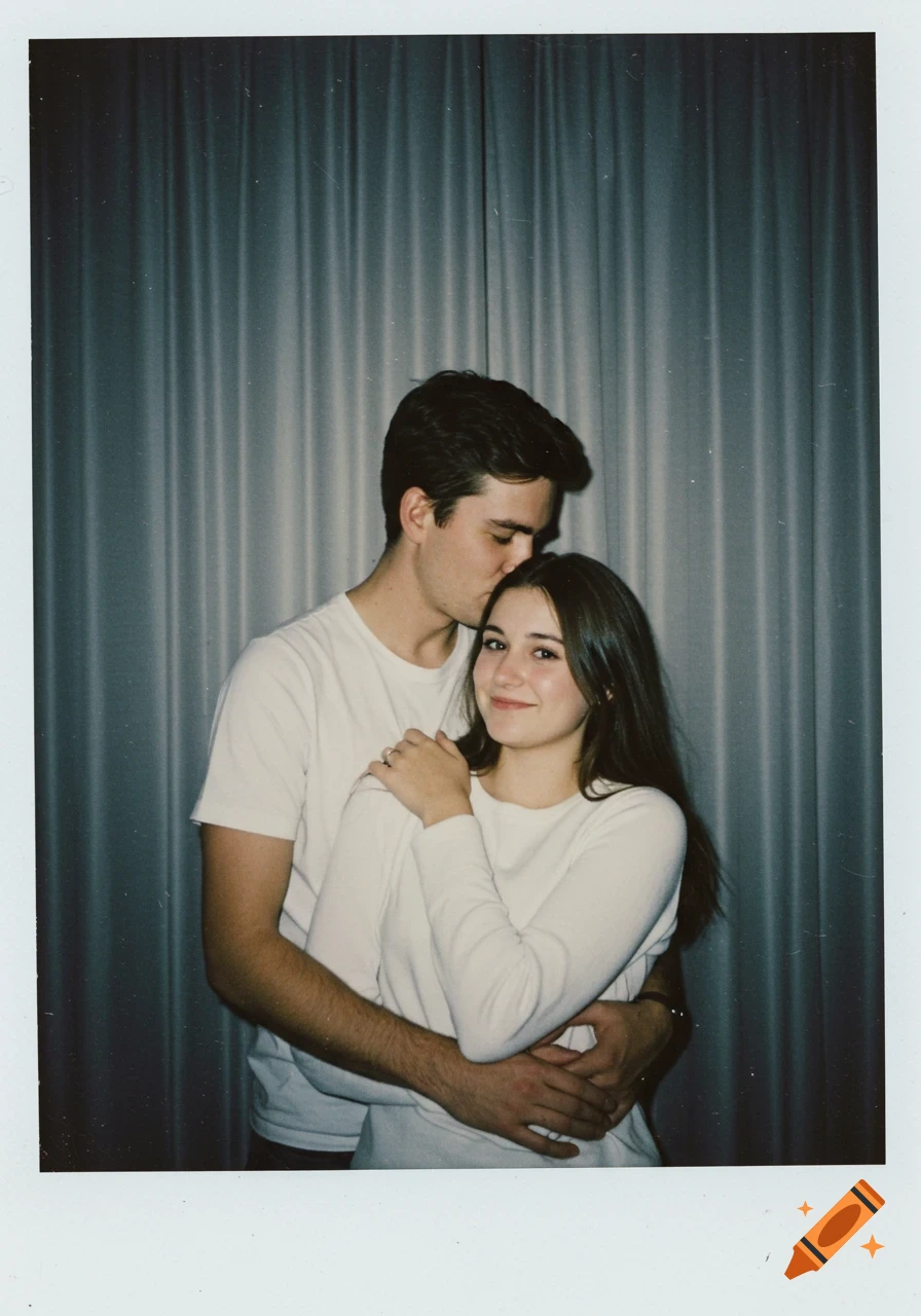 A man kisses a woman's forehead while embracing her from behind, a vintage Polaroid style photo against gray curtains.