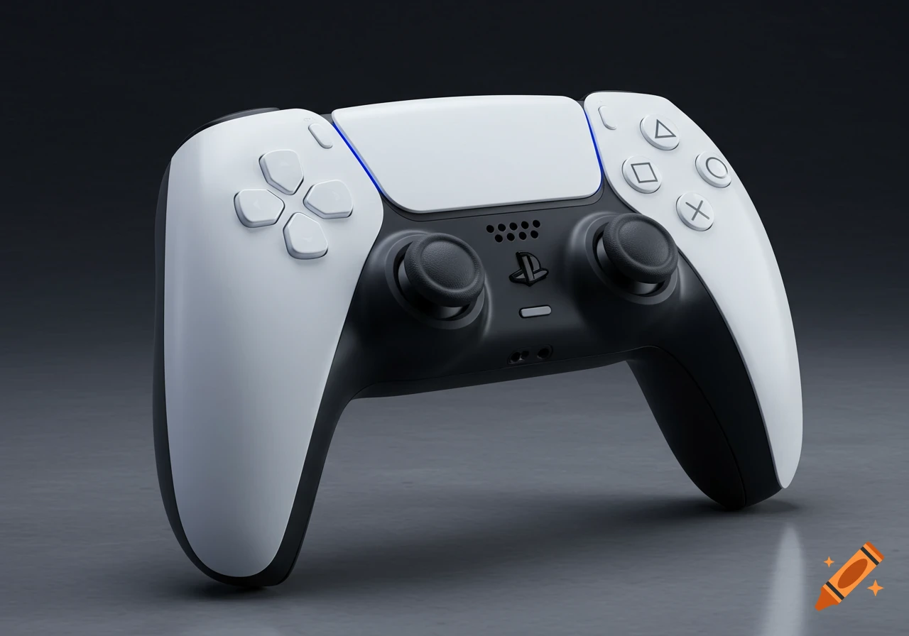 A white and black PlayStation 5 DualSense controller with a blue light bar, presented against a dark, minimalist background.