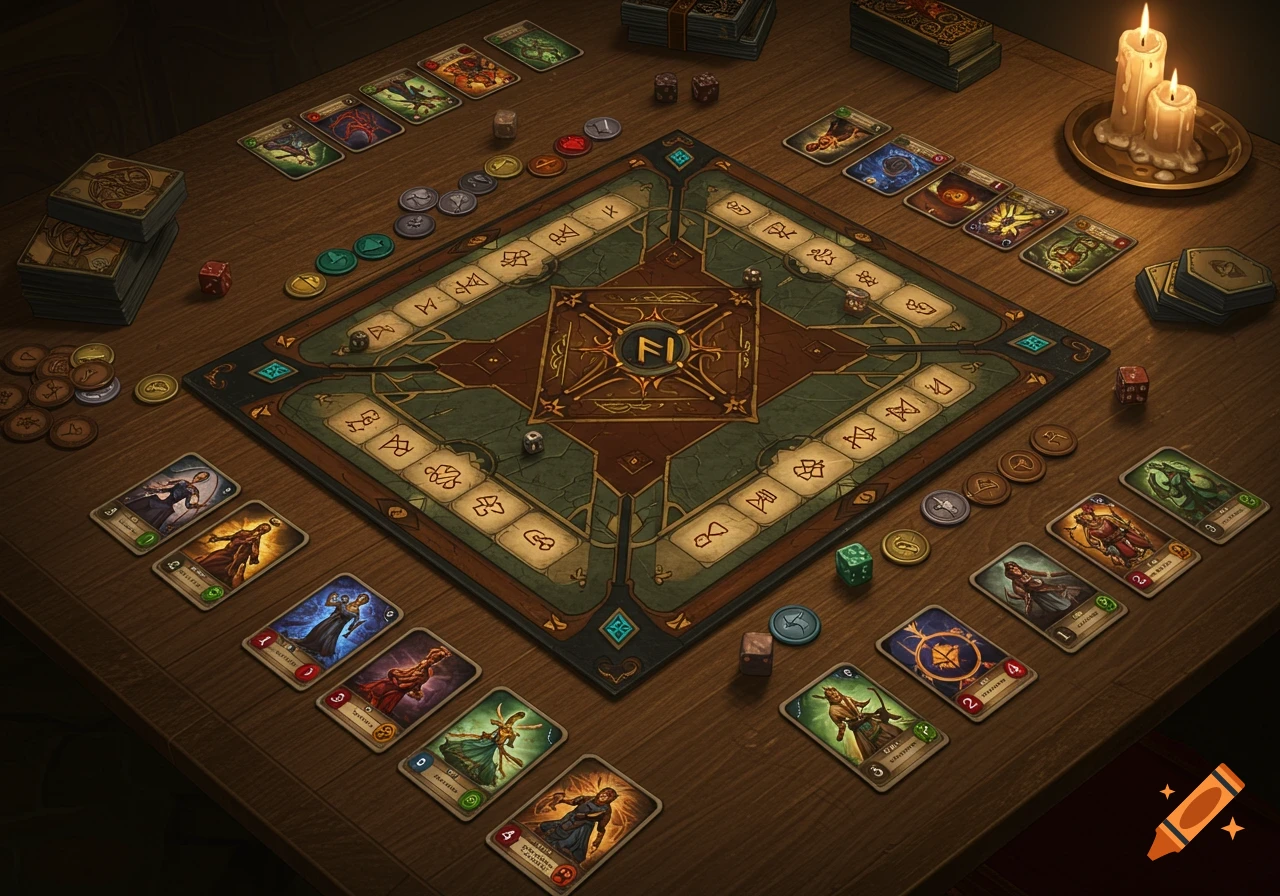 A fantasy-themed board game setup on a wooden table, with character cards, tokens, dice, and lit candles creating a warm glow.
