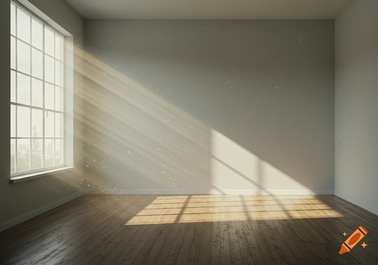 An empty room with a large window, sunbeams with dust particles illuminate a wooden floor and cast shadows on the wall.