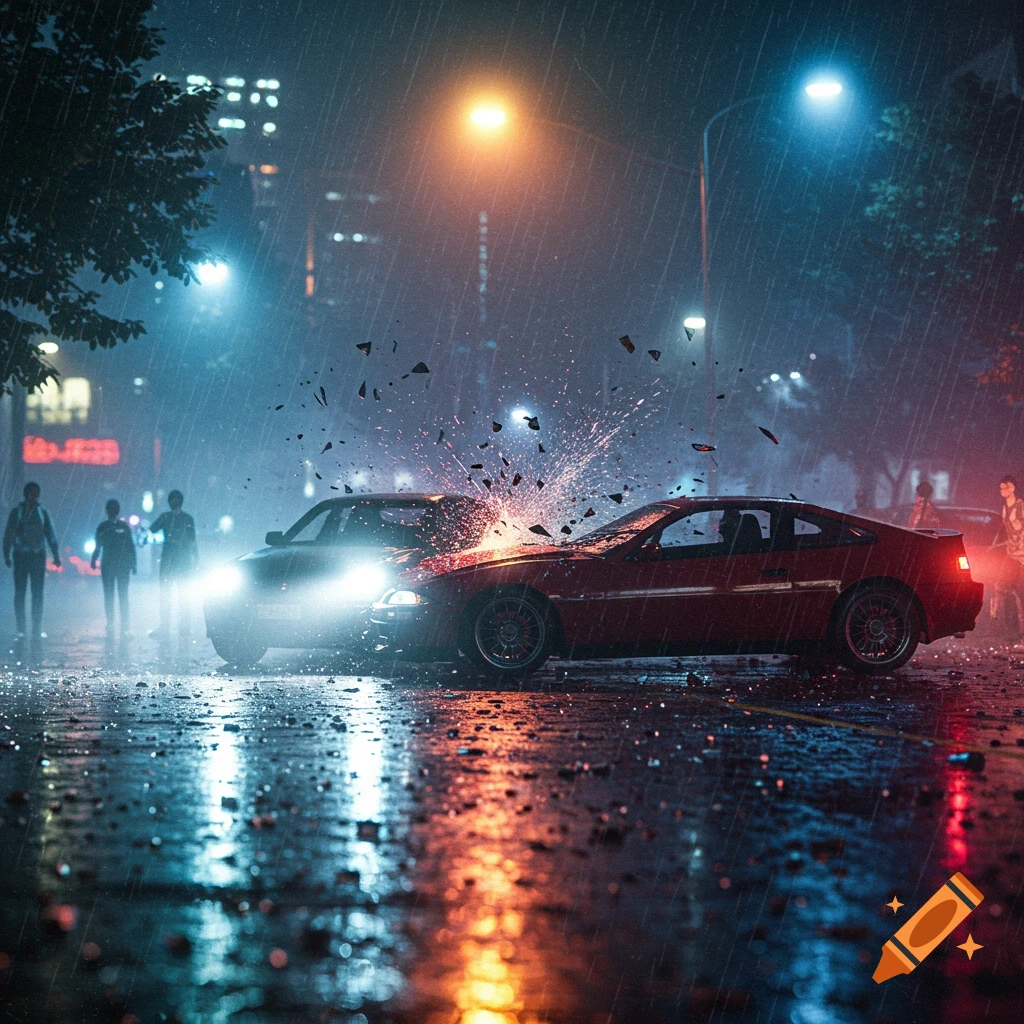 A dramatic night scene of two cars colliding in the rain on a wet city street, with debris and sparks flying.