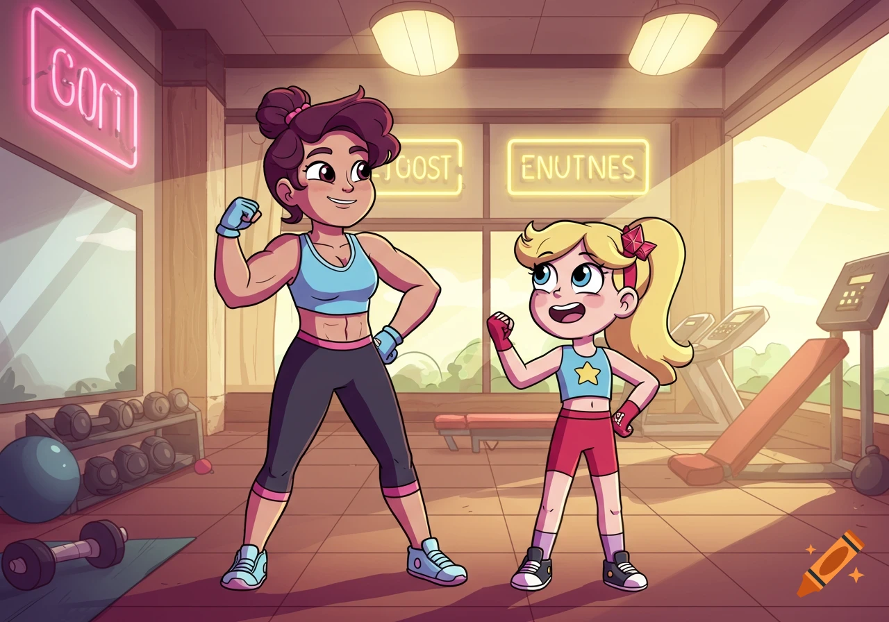 A muscular cartoon woman and a young cartoon girl in workout clothes flex their arms in a brightly lit gym.