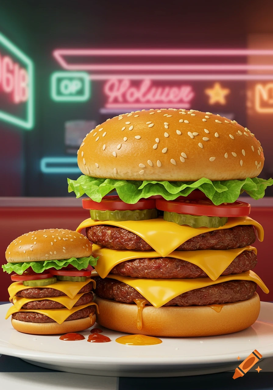 Two photorealistic burgers, one large and one small, on a white plate with sauce, in front of a blurred neon diner sign.