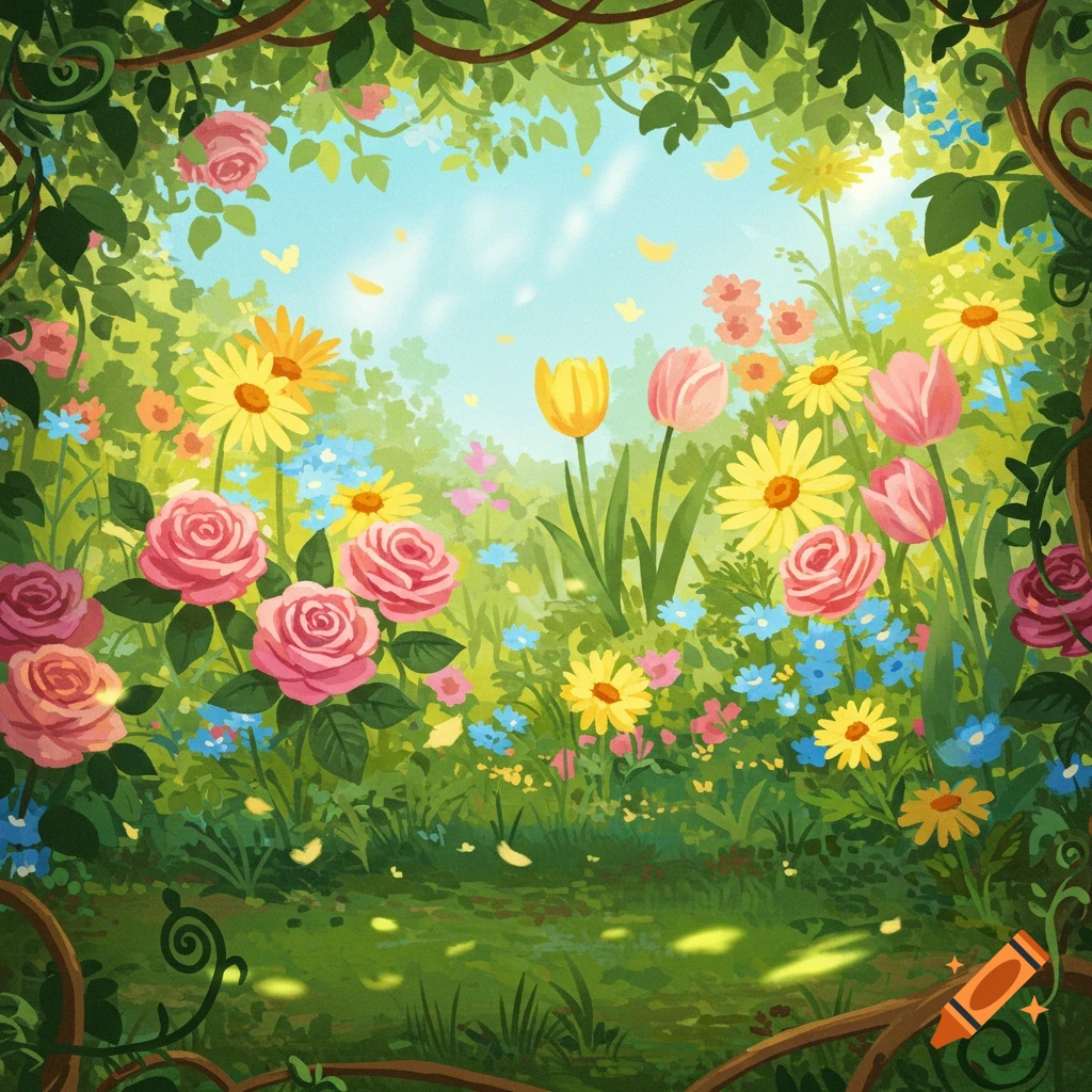 Lush illustration of a vibrant garden path with pink roses, yellow daisies, and colorful tulips, framed by green foliage.