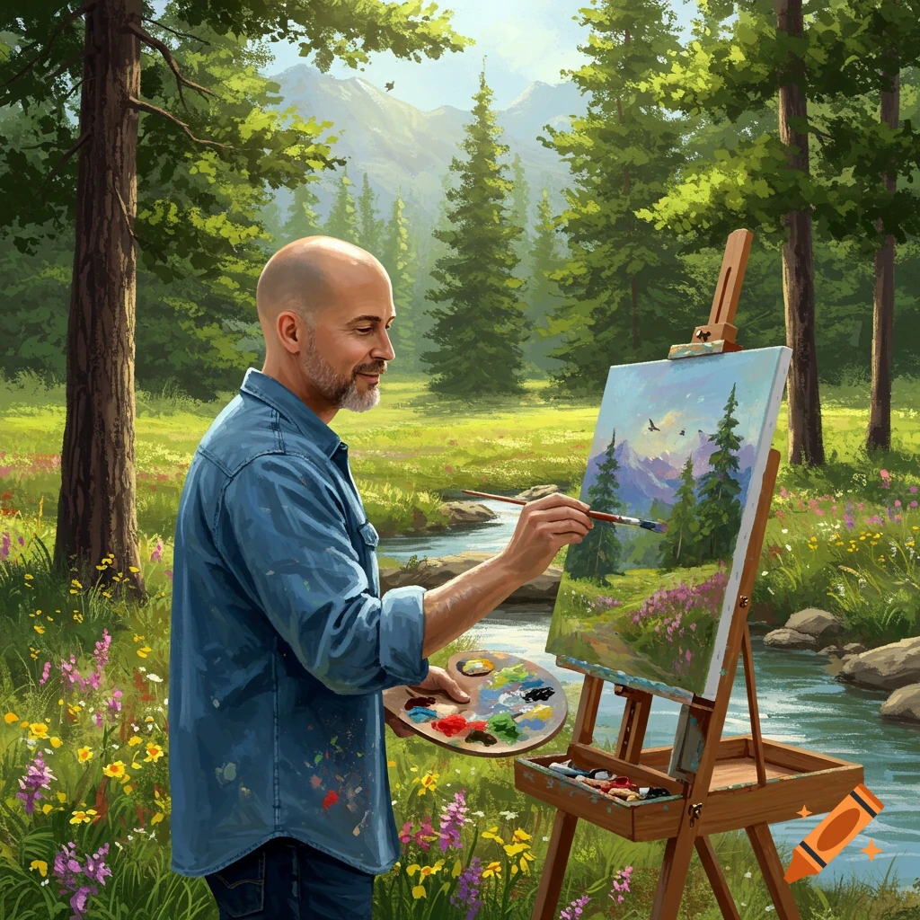A bald man with a beard paints a vibrant landscape on an easel in a lush forest by a river, with mountains in the background.