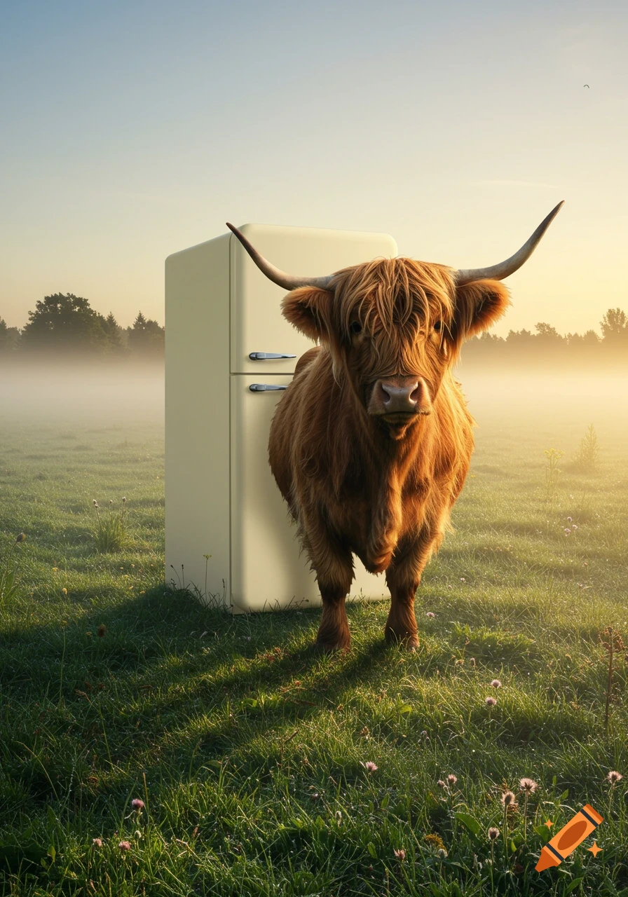 Photorealistic image of a fluffy brown Highland cow standing next to a beige retro refrigerator in a misty green field at sunrise.