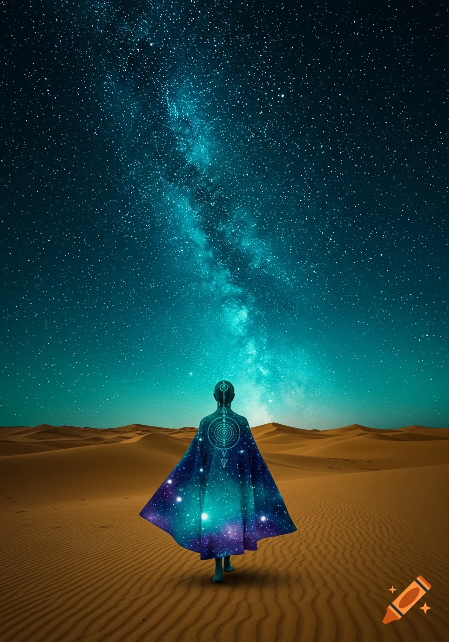 A figure with a galaxy cloak and glowing symbol on their back stands in a desert, gazing at a starry night sky.