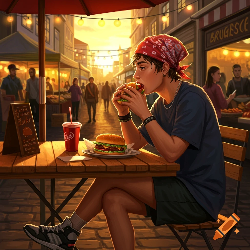 A person with a red bandana eats a burger and drinks soda at a wooden table in a busy, warm-toned street market scene.