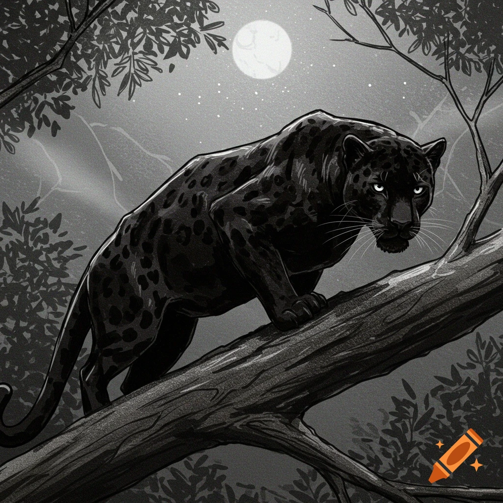 Illustrated monochromatic sketch of a black panther with glowing eyes, crouching on a tree branch under a full moon.