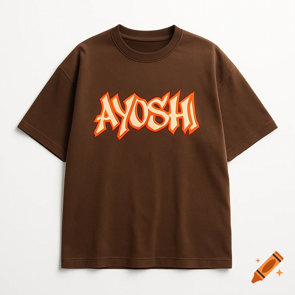 Brown oversized t-shirt with 'AYOSHI' in orange and white graffiti-style text, laying flat on a white background.