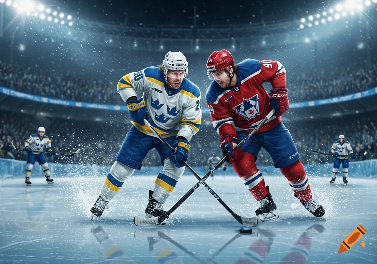 Two dynamic hockey players in white and red jerseys battling on an ice rink in a crowded stadium during a game.