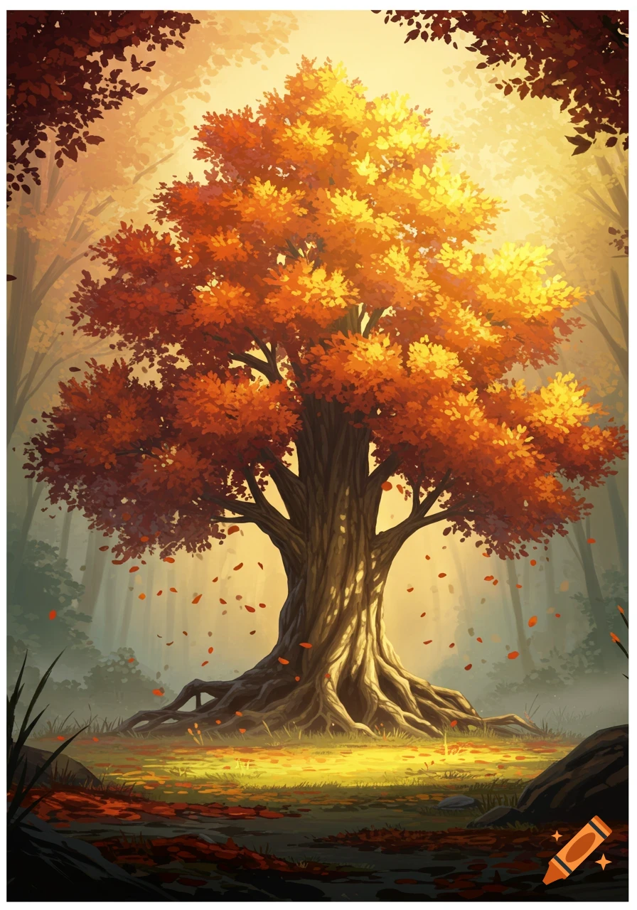 A large tree with vibrant orange and red autumn leaves in a sunlit forest, with leaves falling onto the ground.