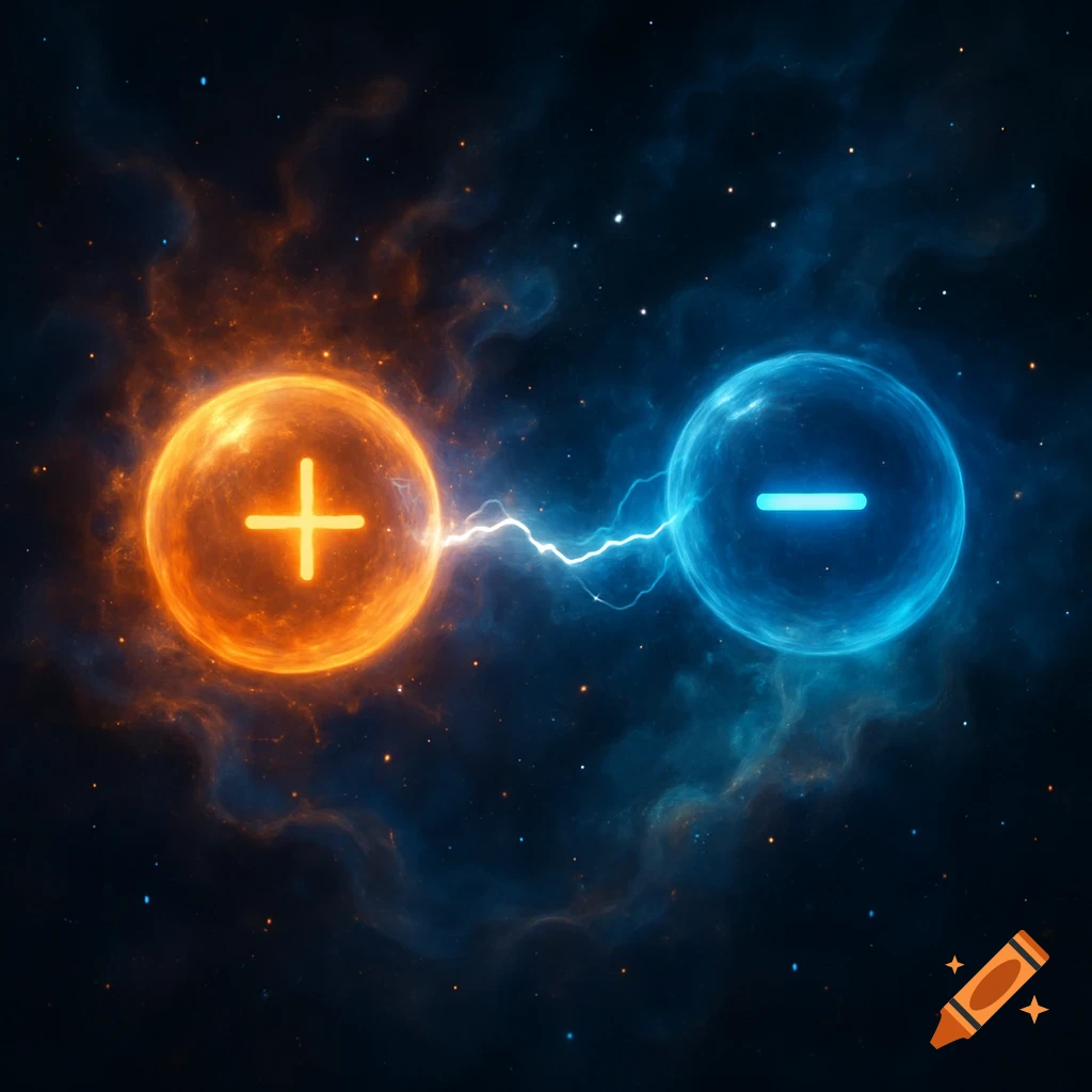 A vibrant orange glowing orb with a plus sign and a blue glowing orb with a minus sign connected by a lightning bolt, set against a starry cosmic background.