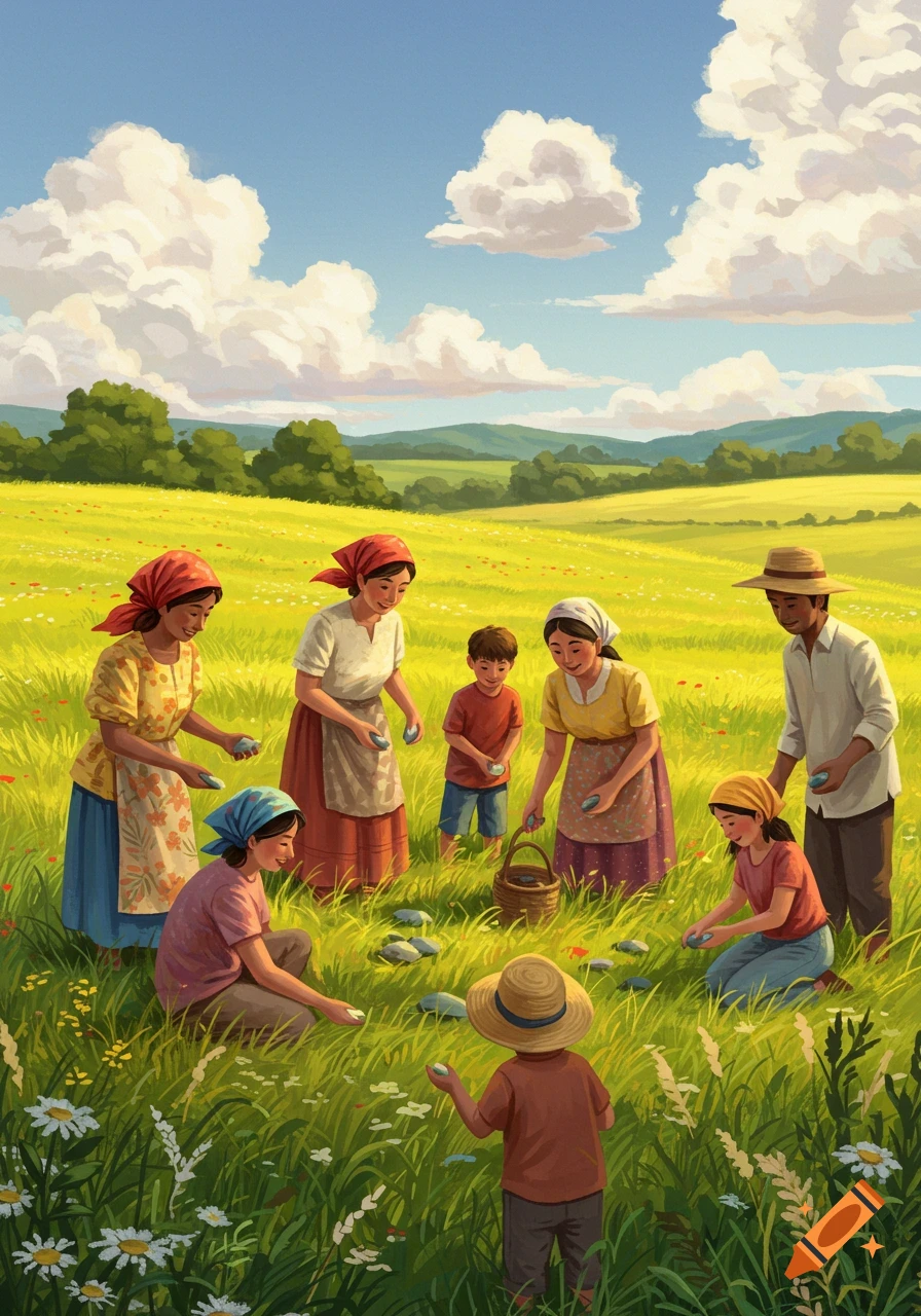 Illustration of a diverse family collecting rocks in a sunny green field with distant hills under a blue sky.