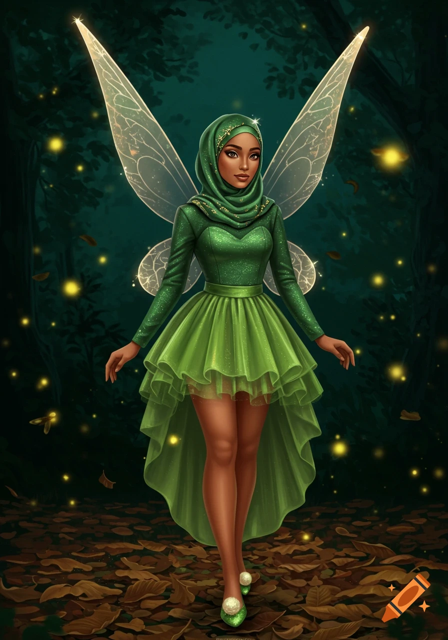 A brown-skinned woman in a green dress and hijab, with large translucent wings, stands in a dark, magical forest with glowing fireflies.