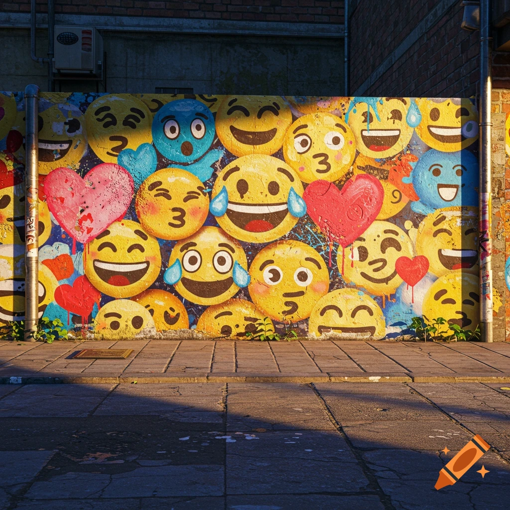 A sidewalk in the foreground with a wall covered in colorful street art graffiti depicting various emojis and red hearts, under bright sunlight.