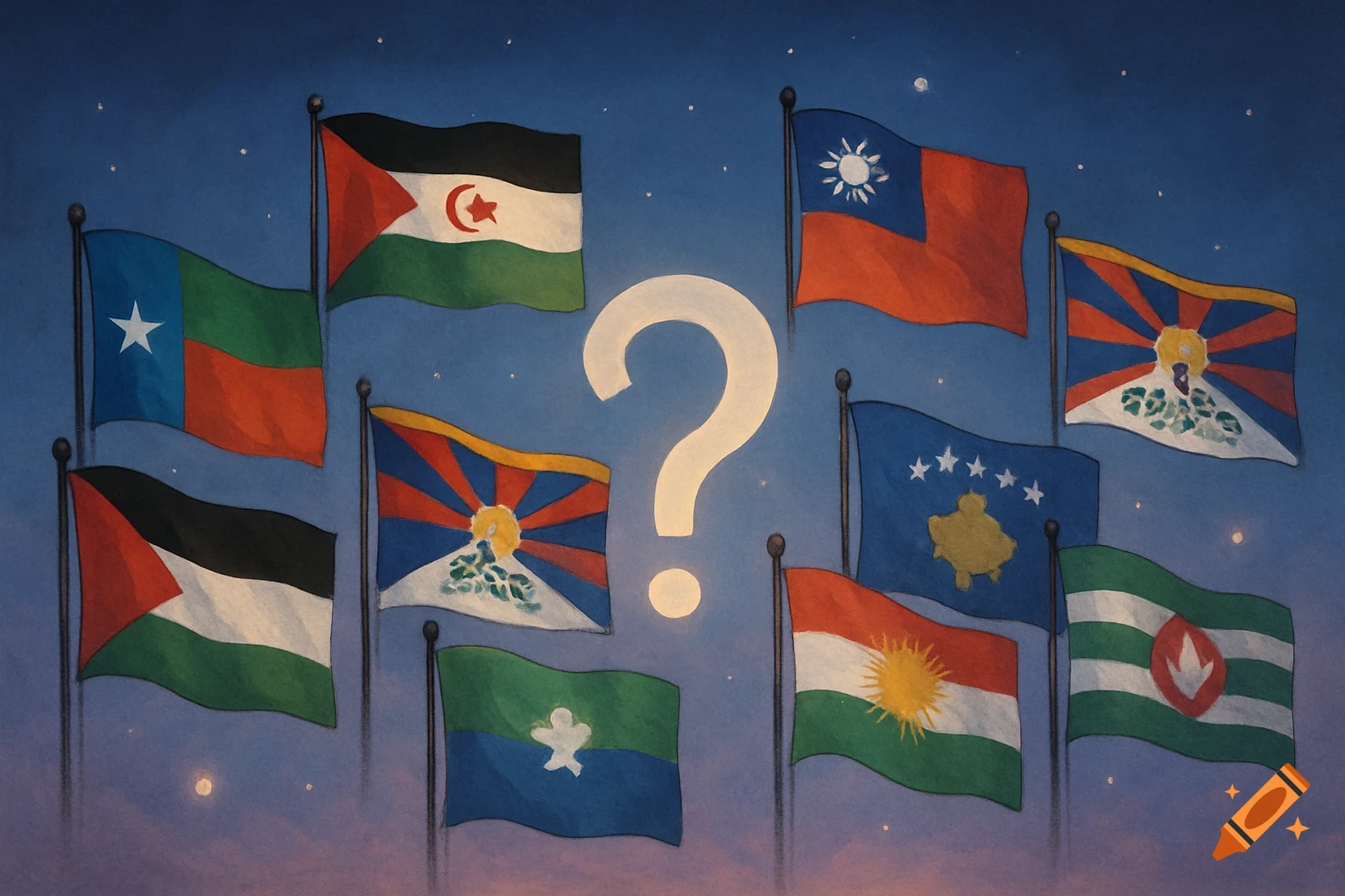 An illustration of multiple flags from various regions, including Palestine, Taiwan, Tibet, and Kurdistan, waving against a starry night sky with a large white question mark in the center.