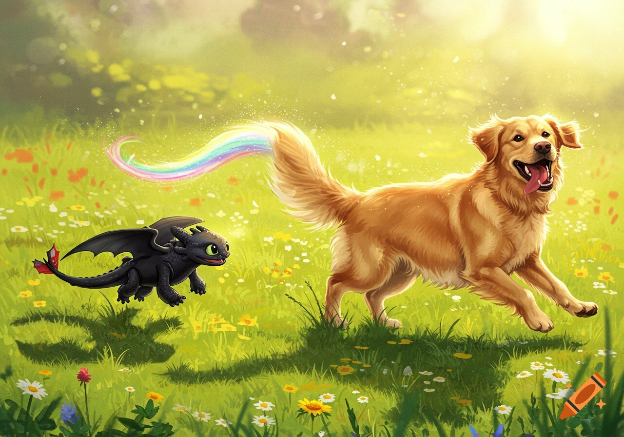 Toothless the black dragon chases a happy golden retriever, leaving a rainbow trail, through a sunny, flower-filled meadow.
