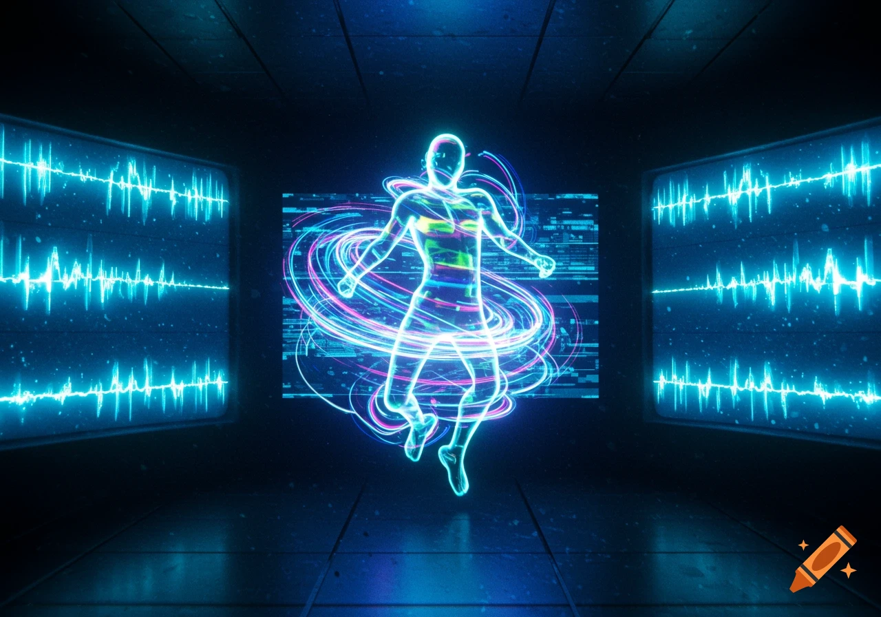 Glowing neon human-like figure with swirling lights, flanked by screens with blue waveforms in a dark, futuristic setting.