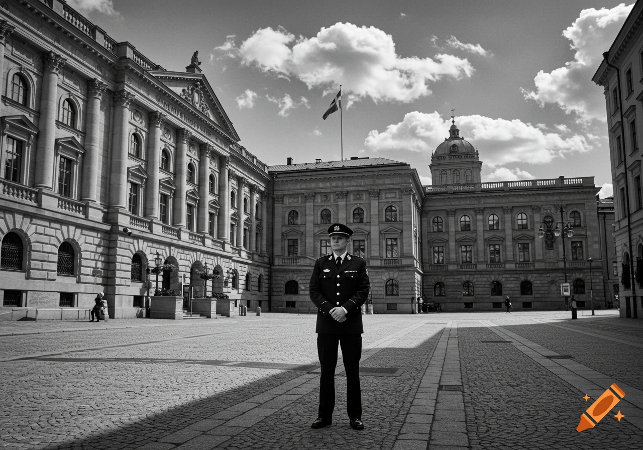A police officer stands in a cobblestone square before grand architectural buildings with a flag, in a black and white photograph.