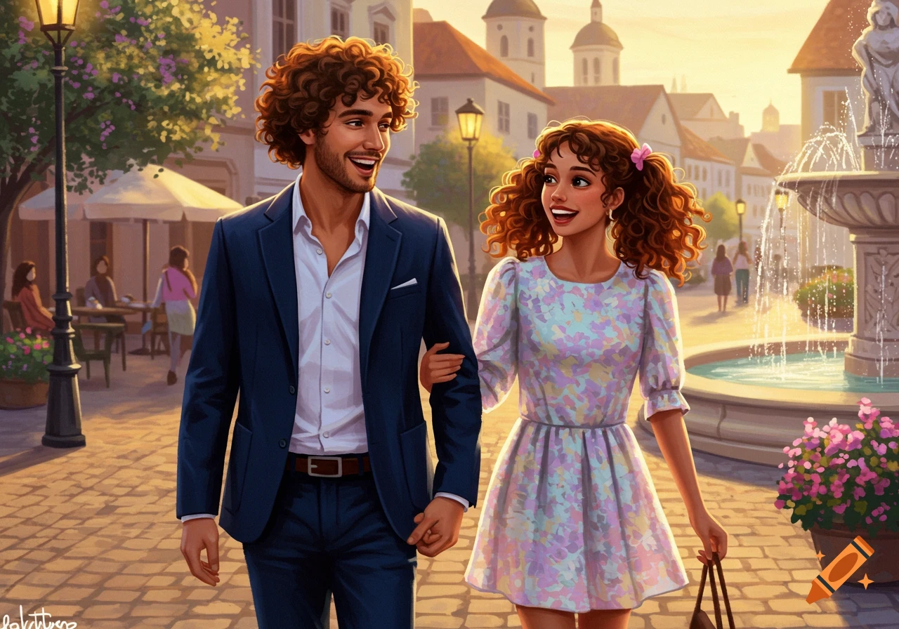 A smiling couple with curly hair walks arm-in-arm through a sunny town square with buildings and a fountain in an illustrative style.