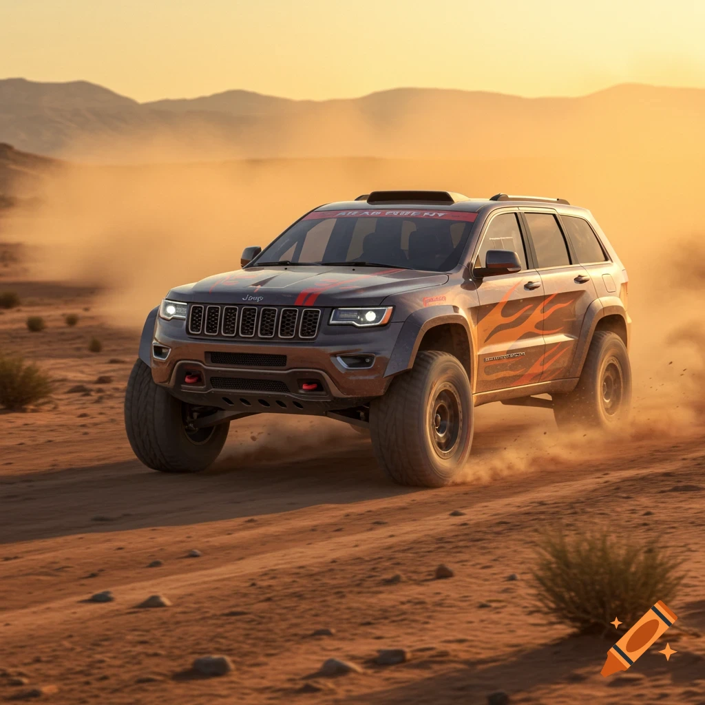 A grey and orange customized Jeep Grand Cherokee rally car kicks up dust while speeding through a desert landscape at sunset.