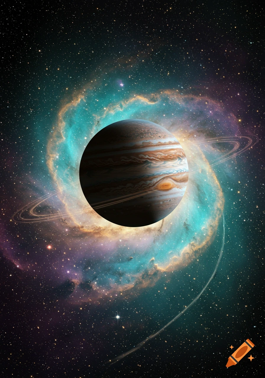 Jupiter with faint rings against a swirling teal and orange nebula in a starry galaxy.