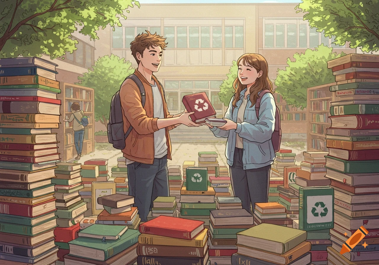 An illustration of two smiling students exchanging a book with a recycling symbol on its cover, surrounded by many piles of colorful books in a sunny schoolyard.