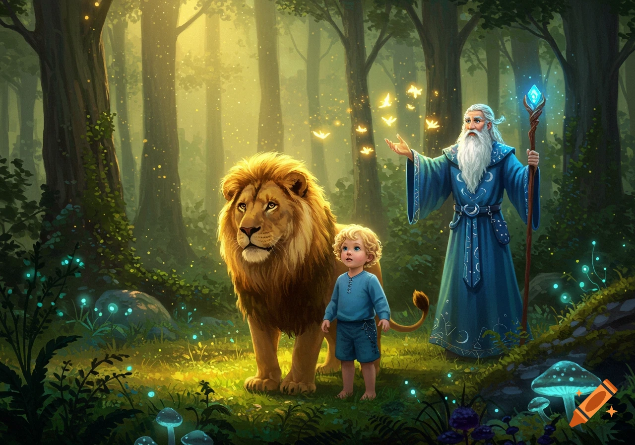 A wizard, a lion, and a little blond boy stand in a magical, glowing forest, digital fantasy art.