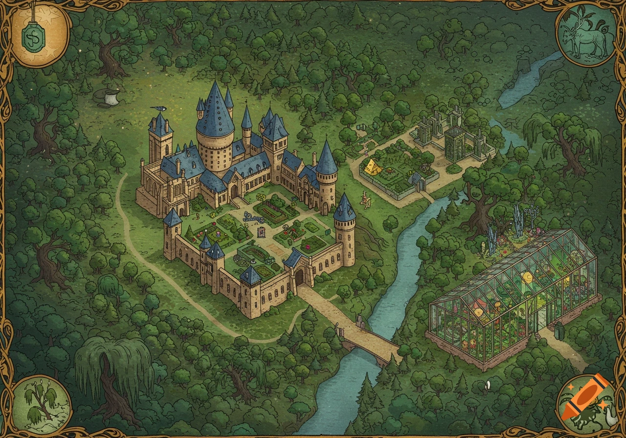 An isometric fantasy map illustration of a large castle with blue roofs, surrounded by lush green forests, gardens, a river, and a greenhouse, bordered by ornate golden vines.