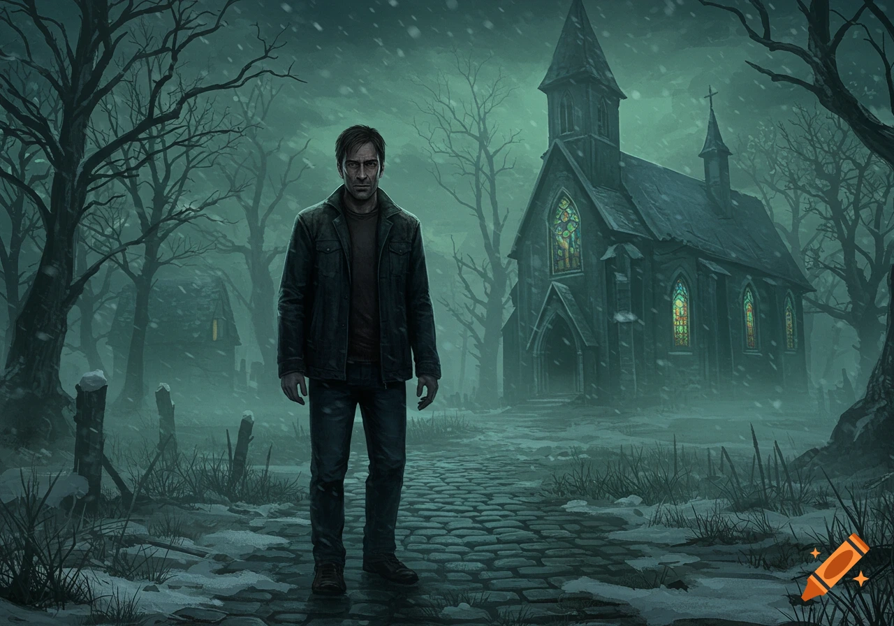 A man stands on a cobblestone path in a snowy, eerie forest with a dark, gothic church in the background.