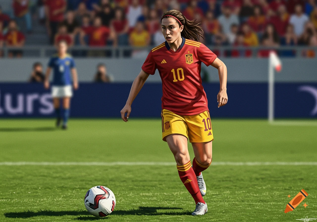 A female soccer player in a red shirt with number 10 and yellow shorts dribbles a ball on a green field in a stadium.