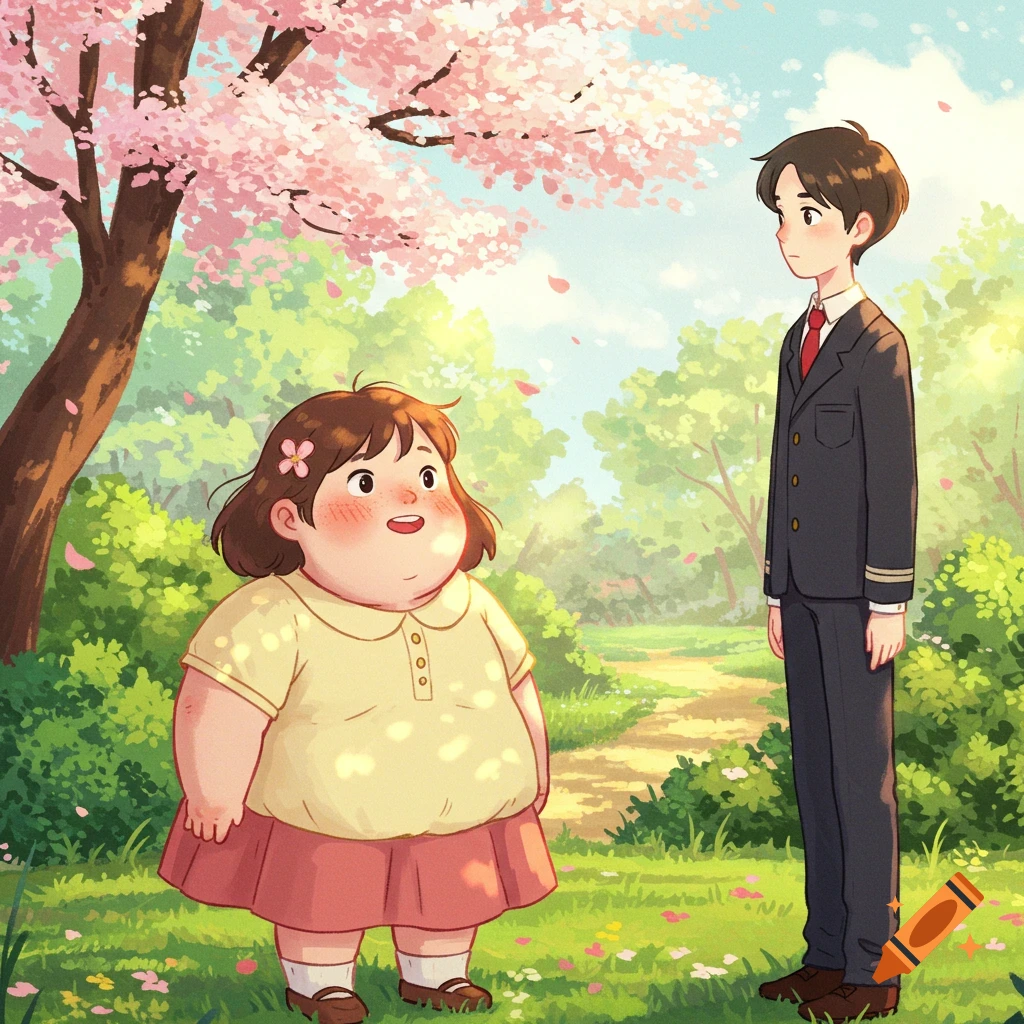 A cheerful Ghibli-style chubby girl with a flower in her hair looks at a serious boy in a suit in a sunny park with pink cherry blossoms.