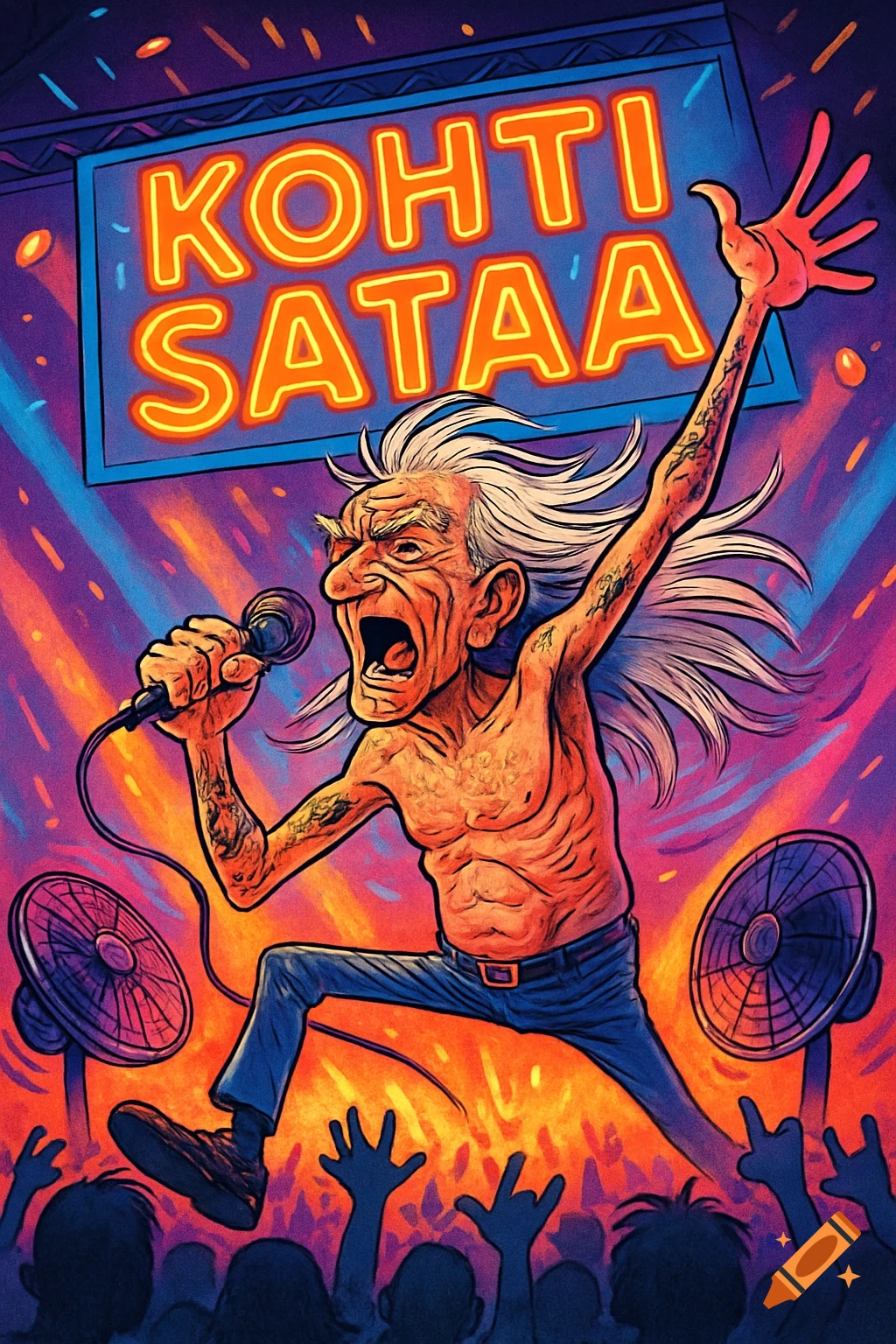 A cartoon of an elderly shirtless rock star with long white hair singing into a microphone on stage in front of a neon sign and cheering crowd.