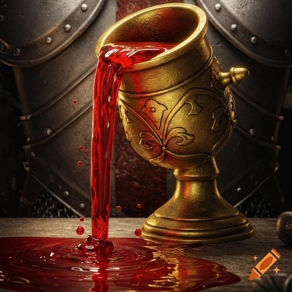 A golden, ornate chalice or crucible pouring a thick stream of deep red liquid onto a stone surface, with dark knight's armor in the background.