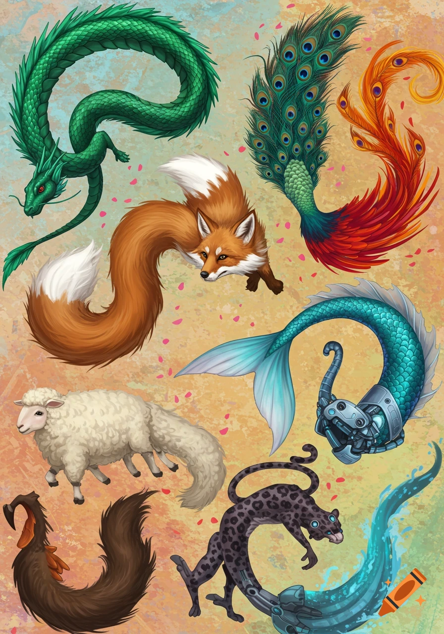 A vibrant collage of unique animal and mythical creature tails, including a green dragon, fox, peacock-phoenix, robotic mermaid, sheep, and leopard.